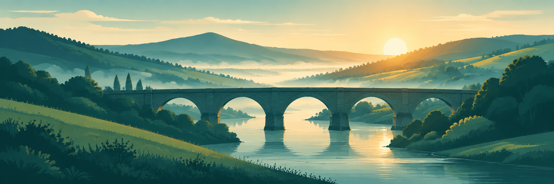 Steinbrücke über ein Tal bei Sonnenaufgang